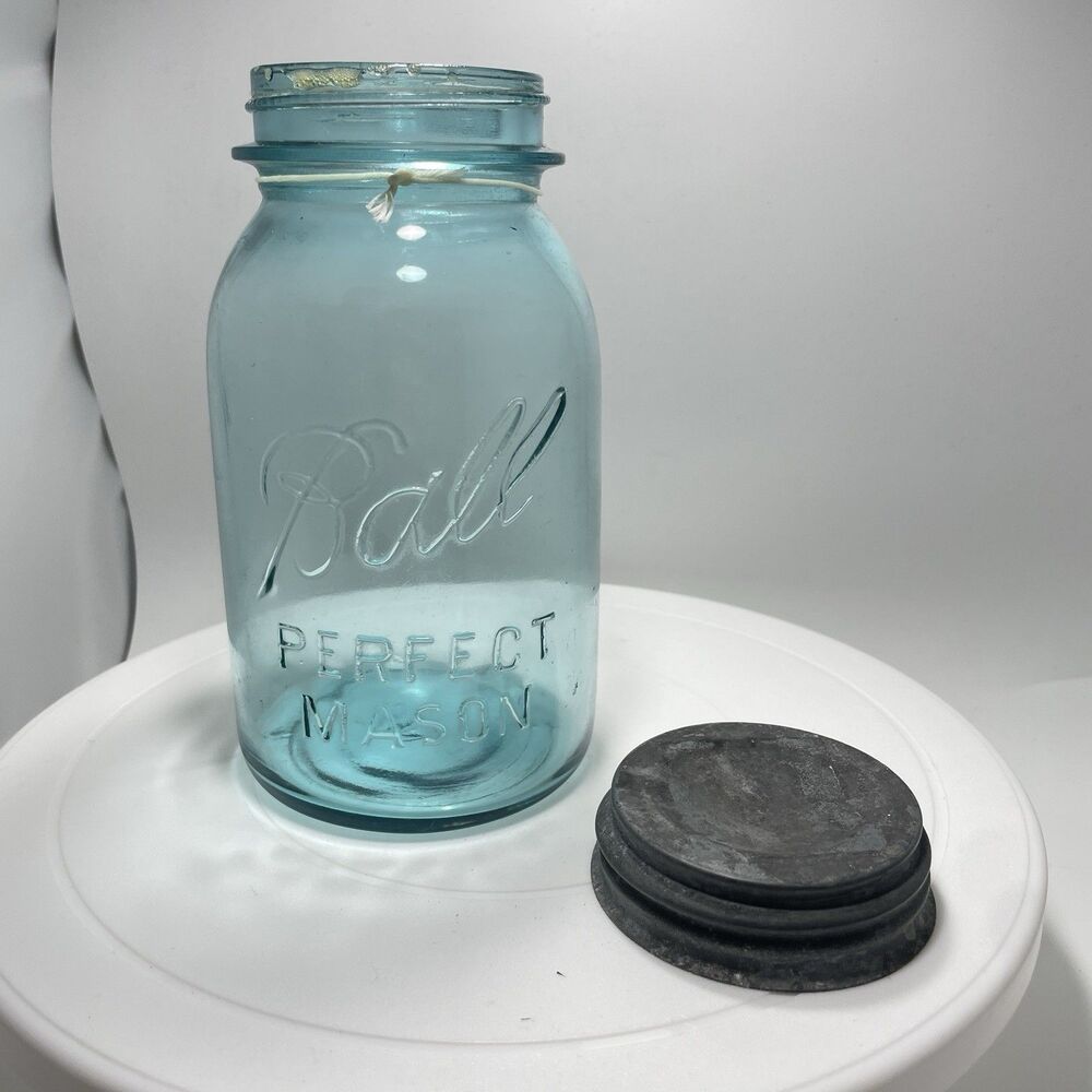 Vtg Ball Perfect Mason Green Glass Jar w Zinc Lid Wide Mouth Quart #3